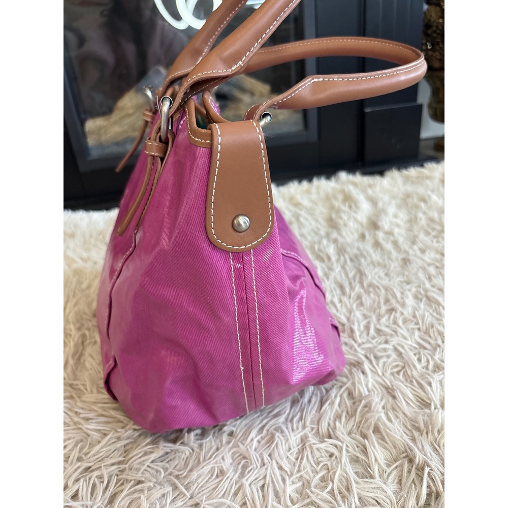 Vintage Boden Pink Canvas Tote Bag Bucket Purse with Brown Leather Trim - Picture 5 of 11